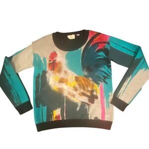 Vintage-Inspired Rooster Art Sweater by Laurel Burch – Multicolor Knit Size M